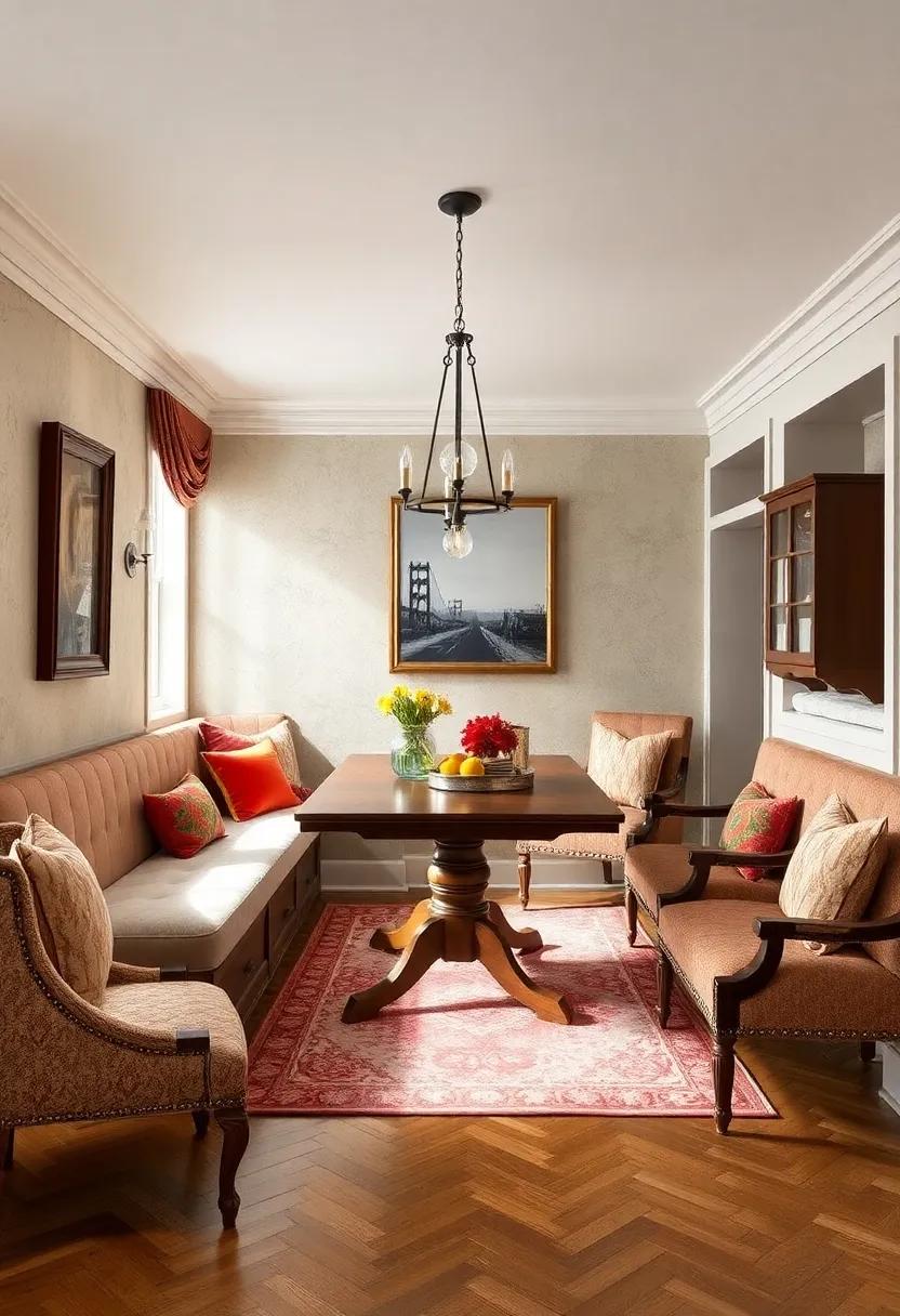 Vintage Inspired: Reimagine a nostalgic dining room with antique-styled built-in seating, complete with ornate detailing and vintage-inspired fabrics that transport you back in time