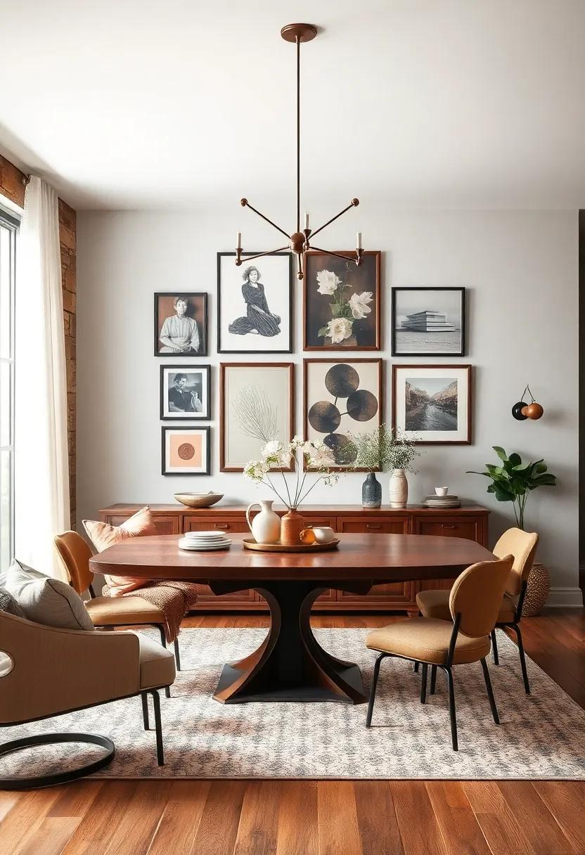 Warm Earth Tones Paired with Rustic Photographs for a Cozy and Inviting Dining Room Gallery Display