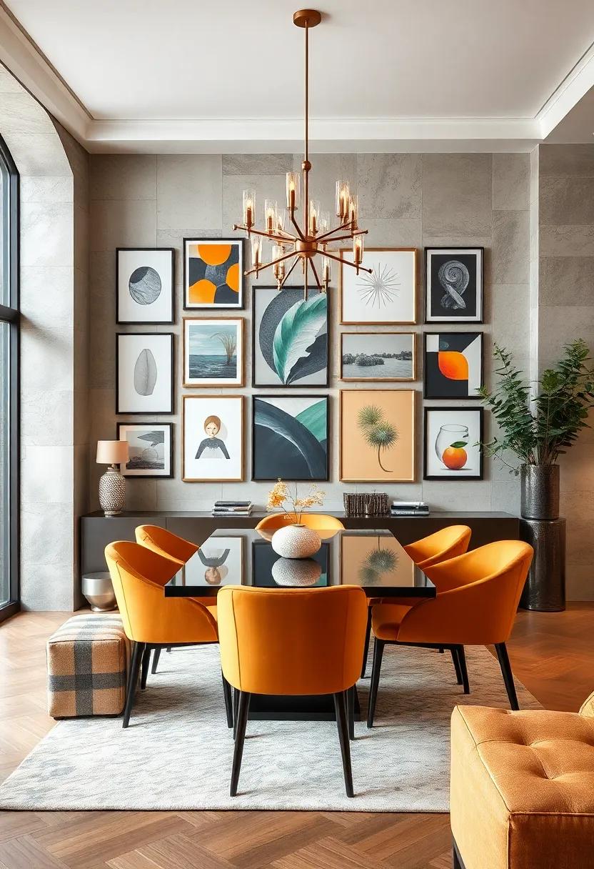 Dynamic Use of Metallic Accents and Bold Color Blocks Creating a Striking Gallery Wall Statement