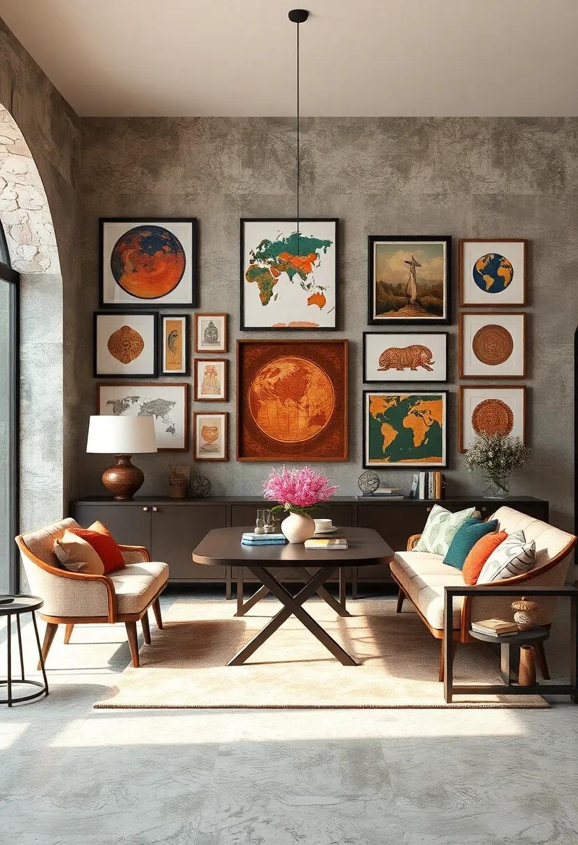 Diverse Cultural Artifacts and Prints Showcased Together to Celebrate Global Inspirations on the Wall