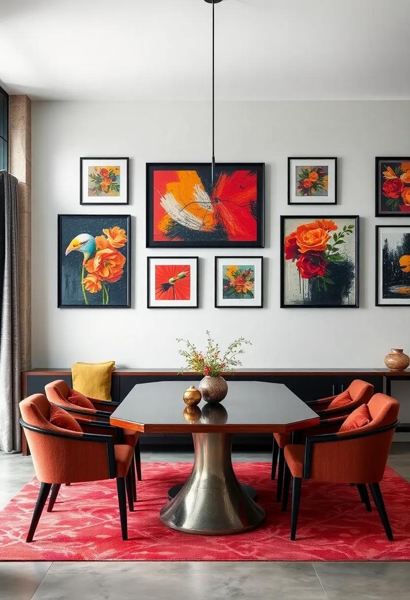 Dramatic Black Frames Encasing Intense Expressionist Works for a Bold Dining Room Contrast