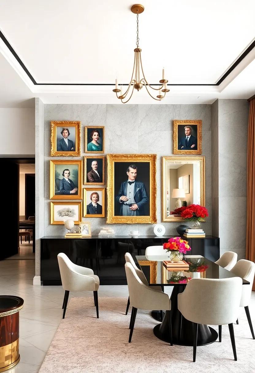 Classic Portraits in Ornate Gold Frames Juxtaposed with Sleek Mirrors for a Luxurious Dining Wall