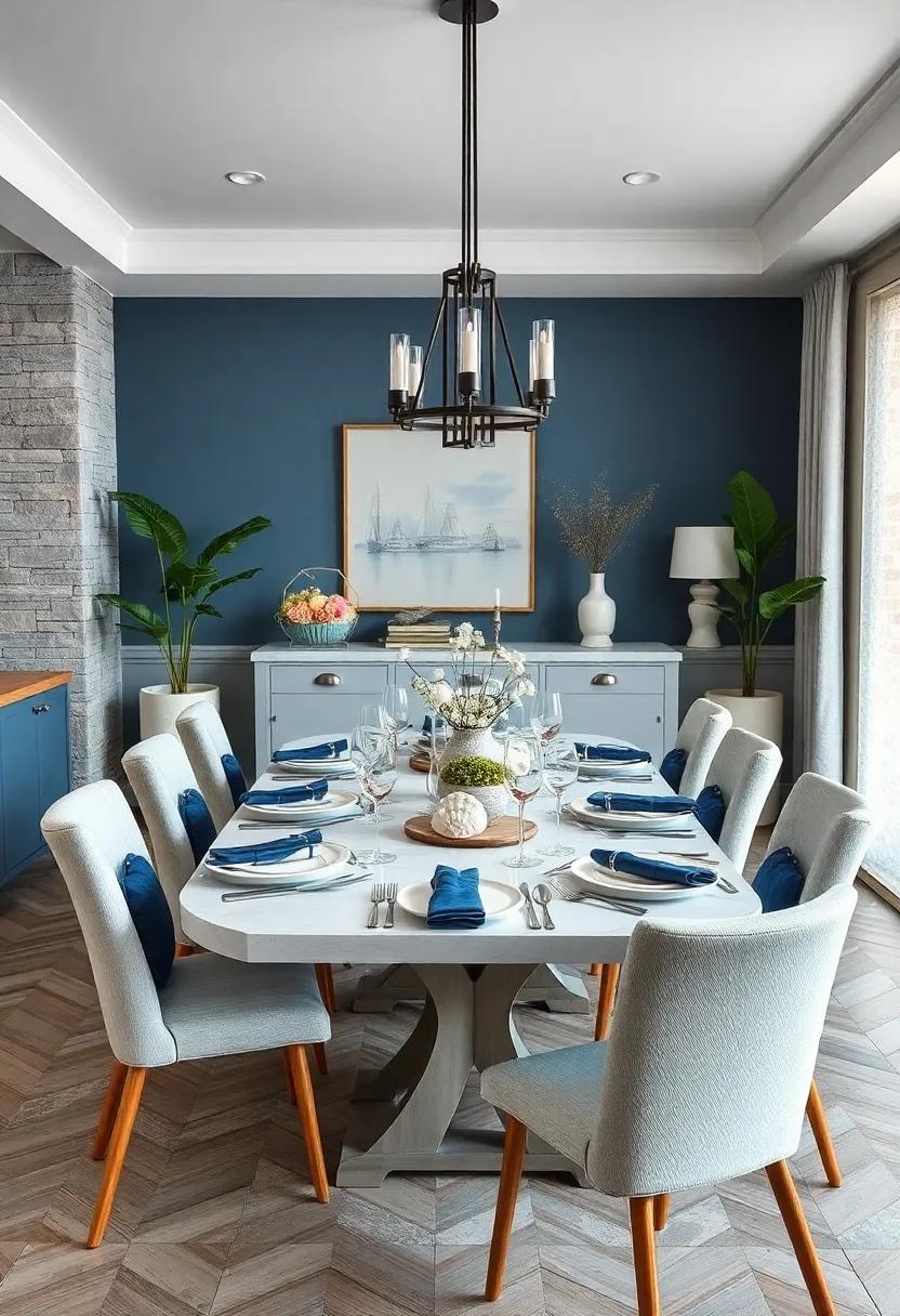 Nautical Themes With Deep Blues, Whites, And Shell Accents Evoking Coastal Dining Ambiance
