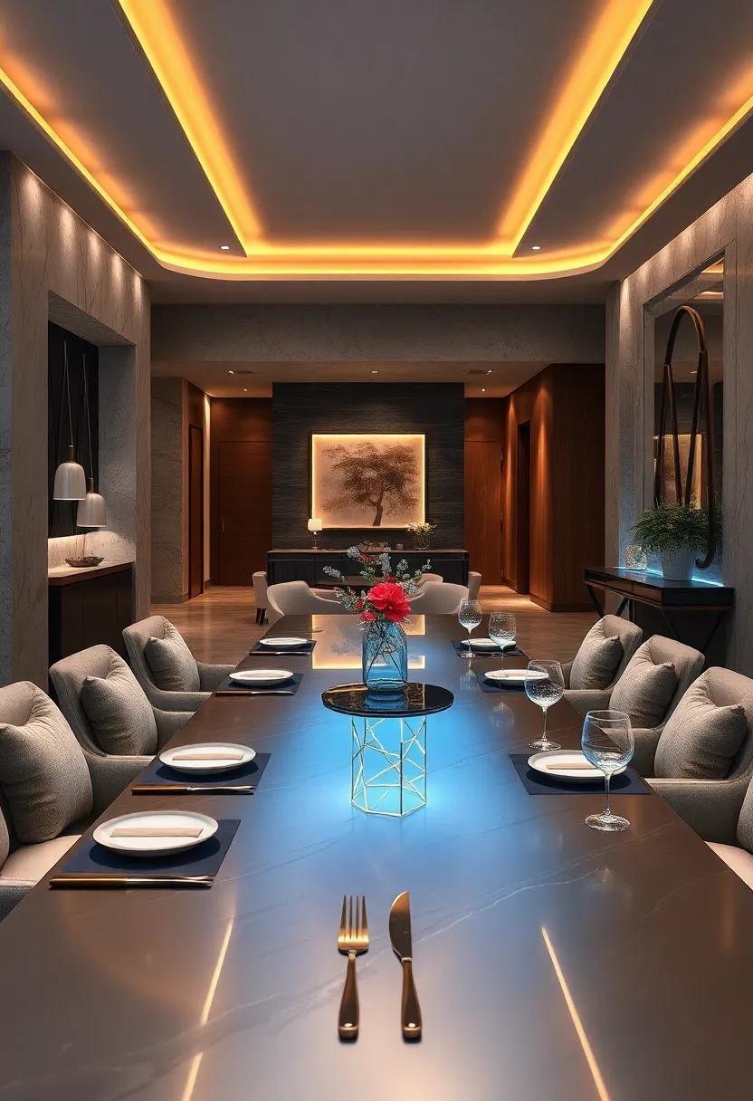 Futuristic Dining With Sleek Metallic Surfaces, LED Accents, And Innovative Table Technology Integrations