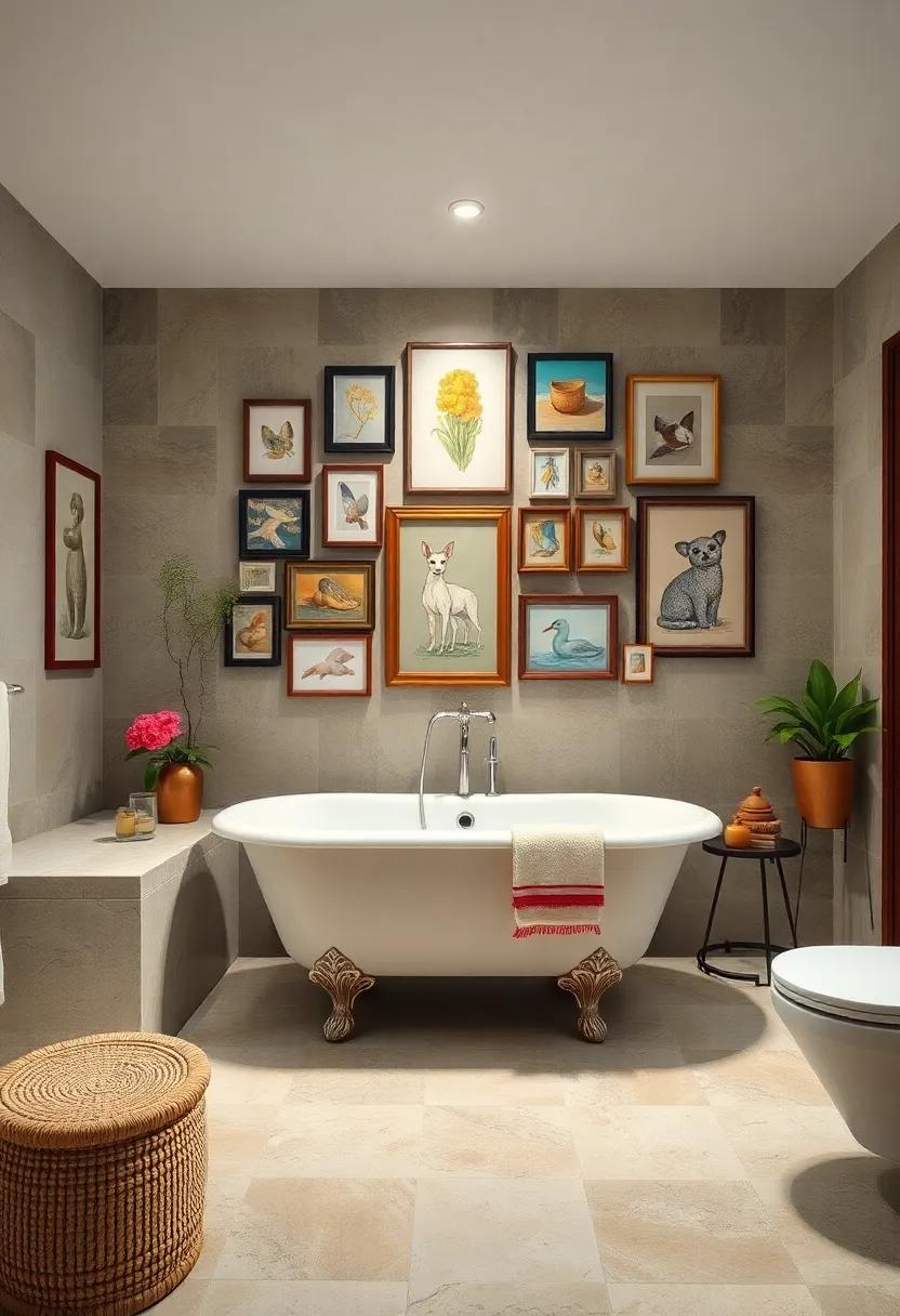 Eclectic Artwork: Hang a collage of ‍artwork in mismatched frames‍ above the tub to create a playful gallery wall