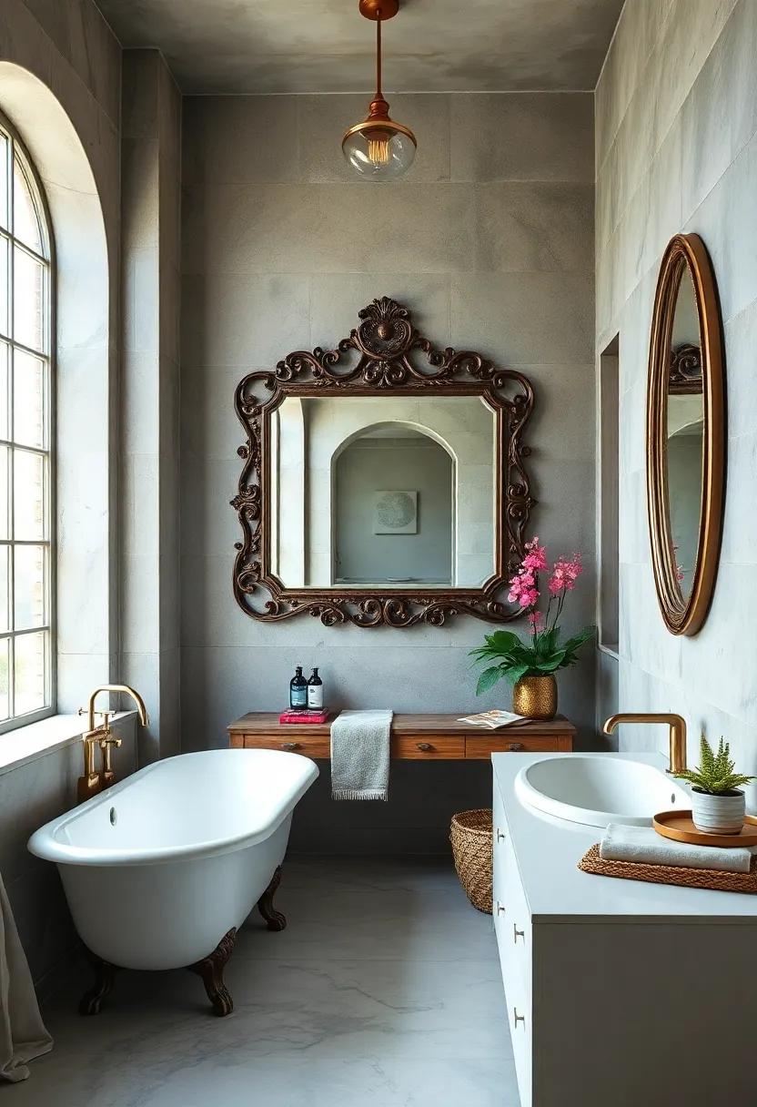 Statement Mirrors: Hang an oversized or intricately framed mirror to reflect light and add depth to your bathroom space