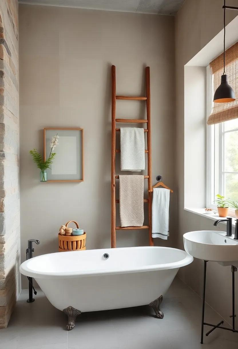 Vintage Ladder: Use an old wooden ladder to hang towels in a rustic fashion while adding vertical interest ⁤to the bathroom