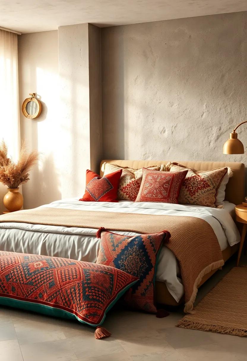 An Artistic Boho Bedroom Installation Featuring an Array of Handwoven Pillows with Unique Patterns and Textural Contrast