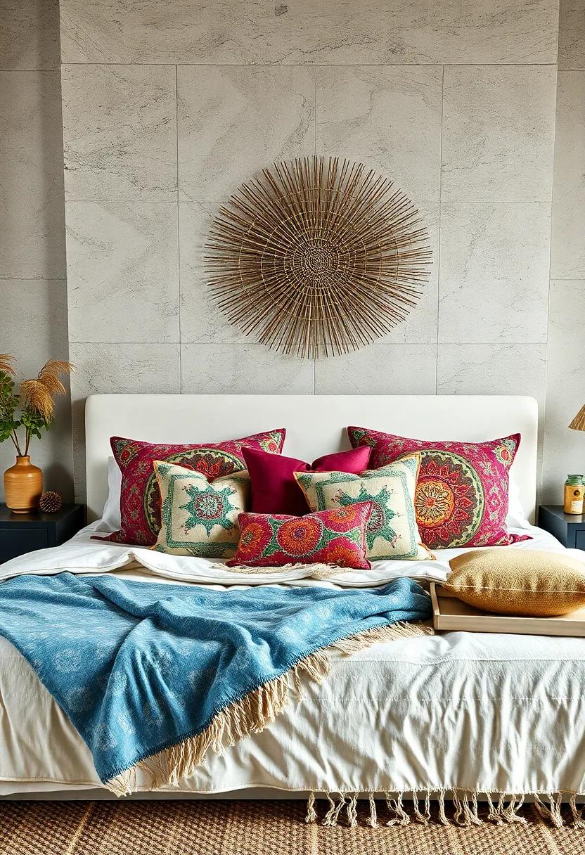 A Bohemian Inspired Bedroom Arrangement Bursting with Vibrant, Patterned Pillows and Eclectic Decor Elements