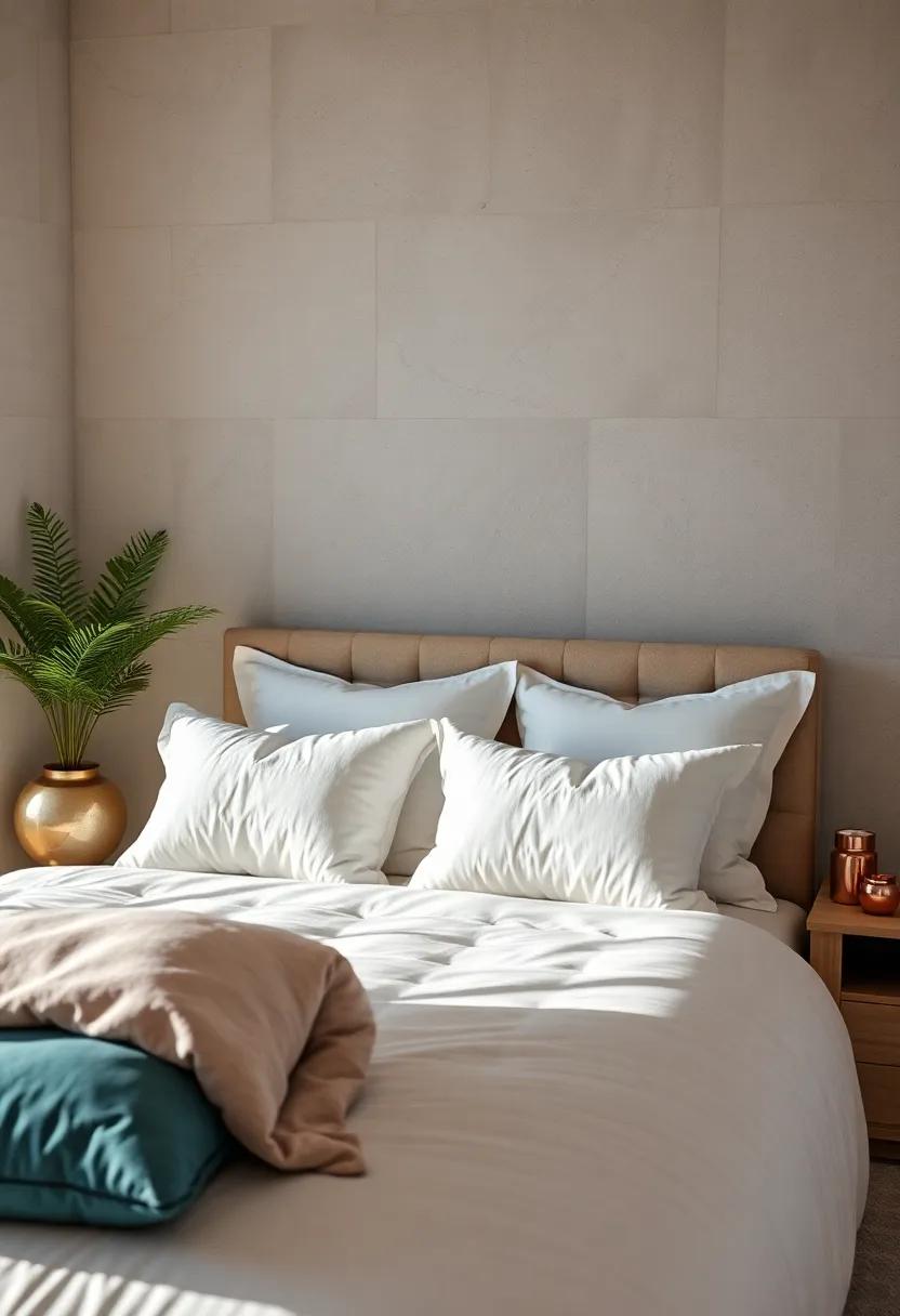 A Bright and Airy Bedroom Corner Adorned with Crisp White Pillows and Subtle Metallic Accents