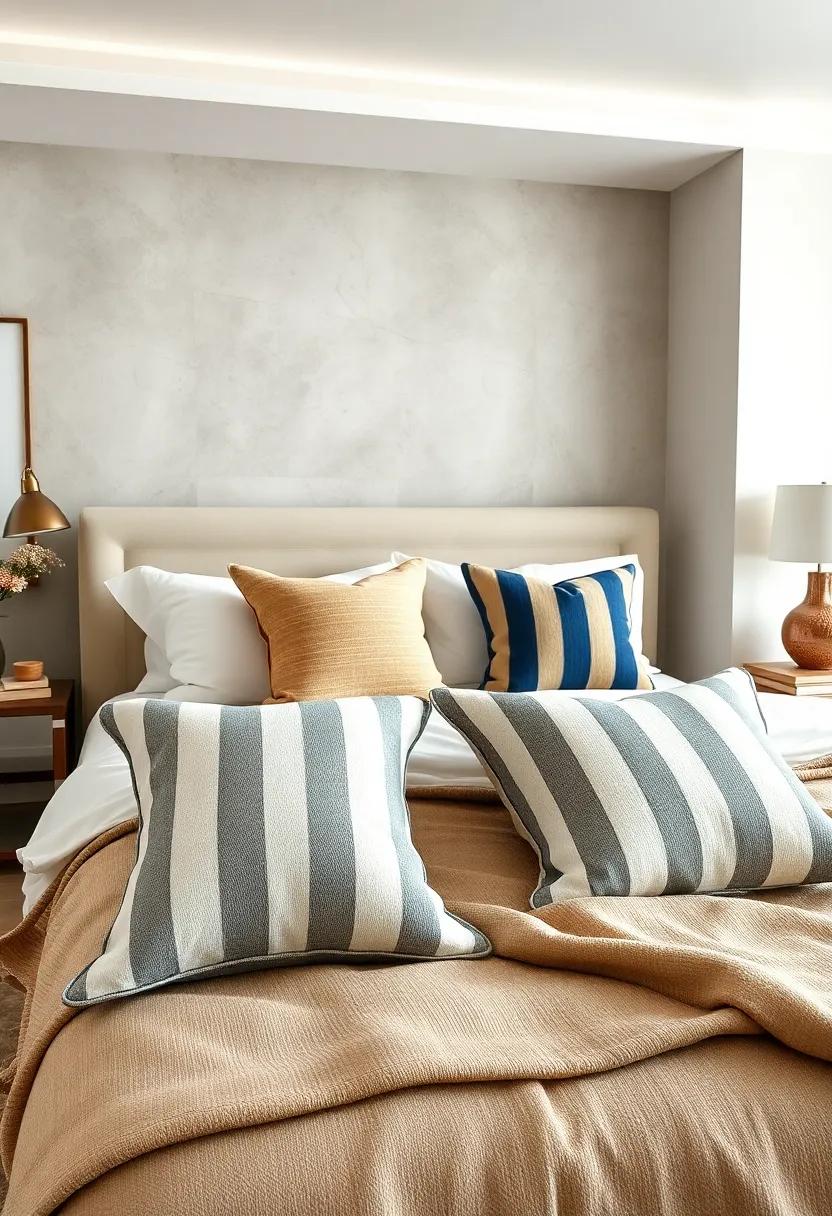 A Coastal Charm Bedroom Arrangement with Pillows in Nautical Stripes, Rope Details, and Breezy Lightweight Fabrics
