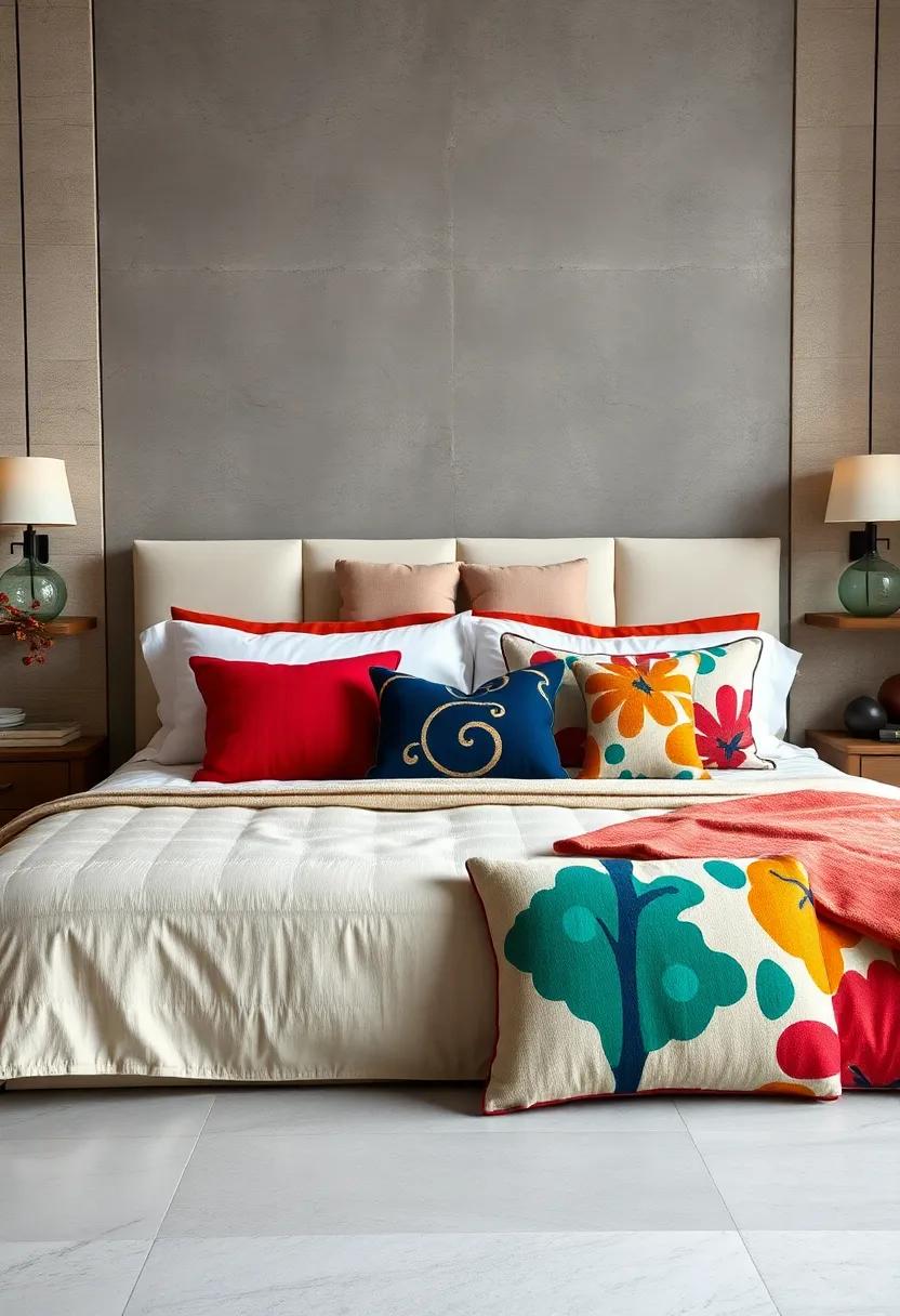 A Contemporary Bedroom Scene Highlighting Pillows in Bold Color Blocks and Abstract Prints Against a Minimal Backdrop
