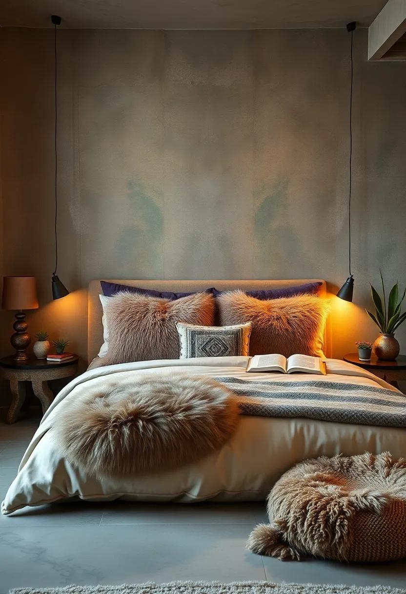 A Cozy Reading Nook in a Bedroom Decorated with Oversized Faux Fur Pillows and Warm Ambient Lighting