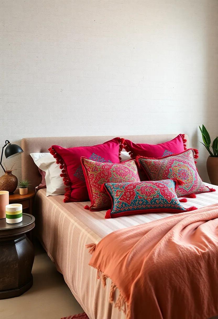 An exotic Moroccan Bedroom Setting Featuring Pillows with Intricate Beading, Tassels, and Bold Color Combinations