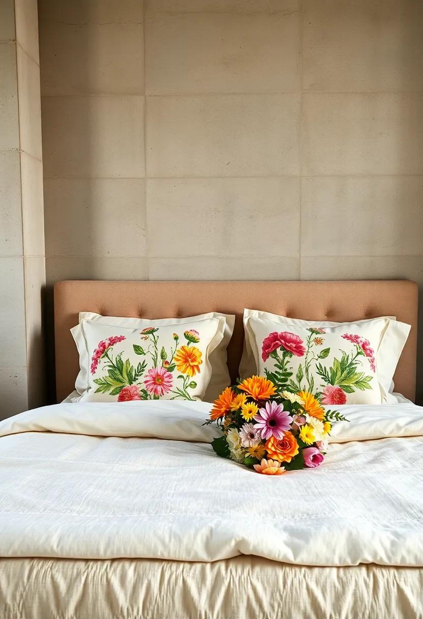 A Garden-Inspired Bedroom View Highlighting Botanical Print Pillows and Fresh Floral Arrangements on Plush Bedding