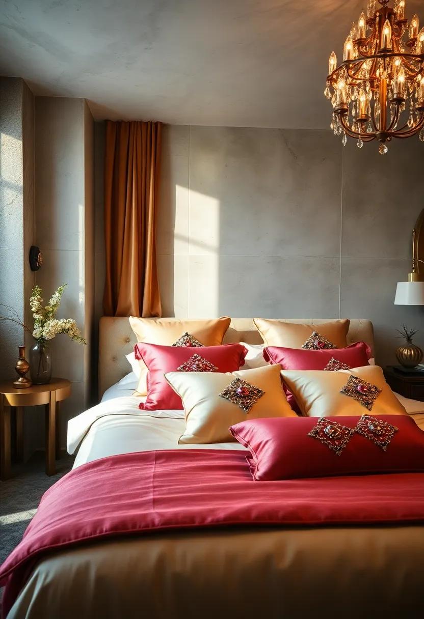 A Glamorous Bedroom Ambiance Filled with Shimmering Silk Pillows and Metallic Embellishments on a Luxurious Bed