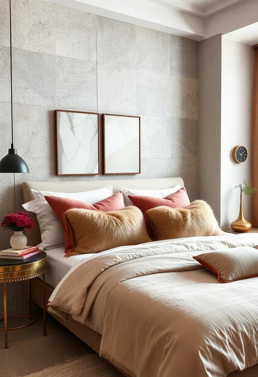 A Luxe Layered Bedroom Look Incorporating Faux Fur and Satin Pillows in a Sophisticated Neutral Palette