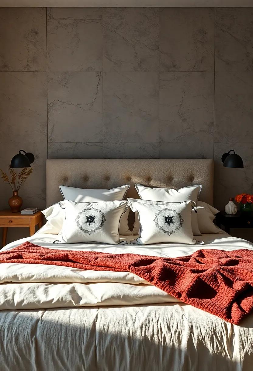 A Minimalist Chic Bedroom Display Highlighting Monochrome Pillows with Geometric Designs and Sleek Lines