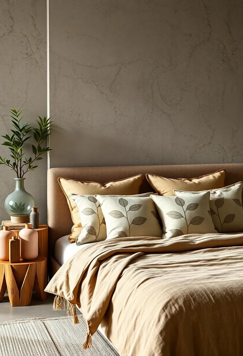 A Nature Infused Bedroom Composition with Pillows in Organic Cotton and Linen Featuring Subtle Earth Tones and Leaf Motifs