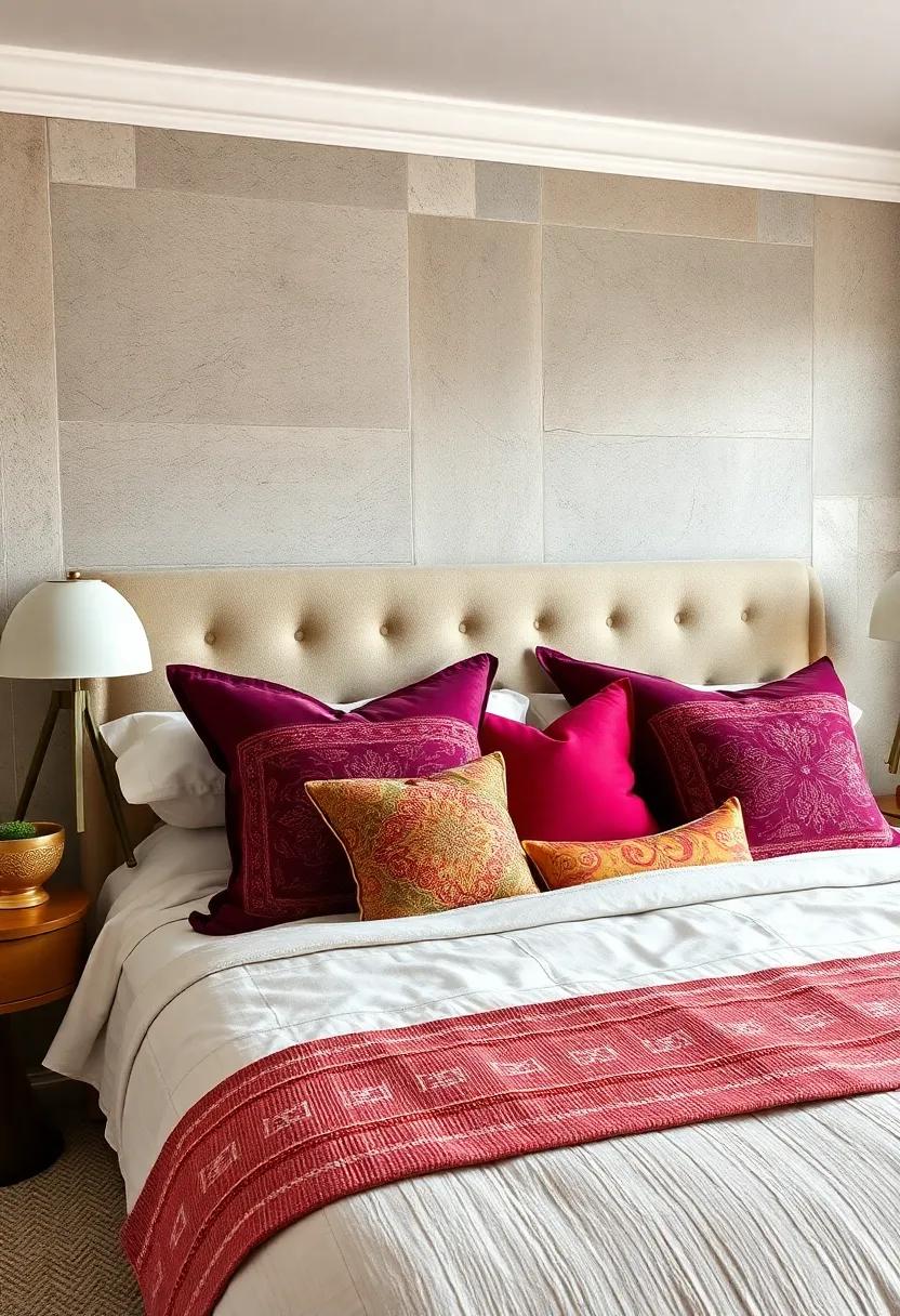 An Opulent Bedroom Vignette Featuring Plush Velvet Pillows in Rich Jewel Tones and Ornate Patterns