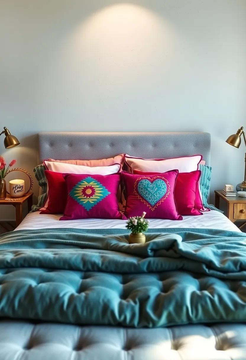 A Playful and Youthful Bedroom Setup Brimming with Colorful Graphic Throw Pillows and Whimsical Accessories