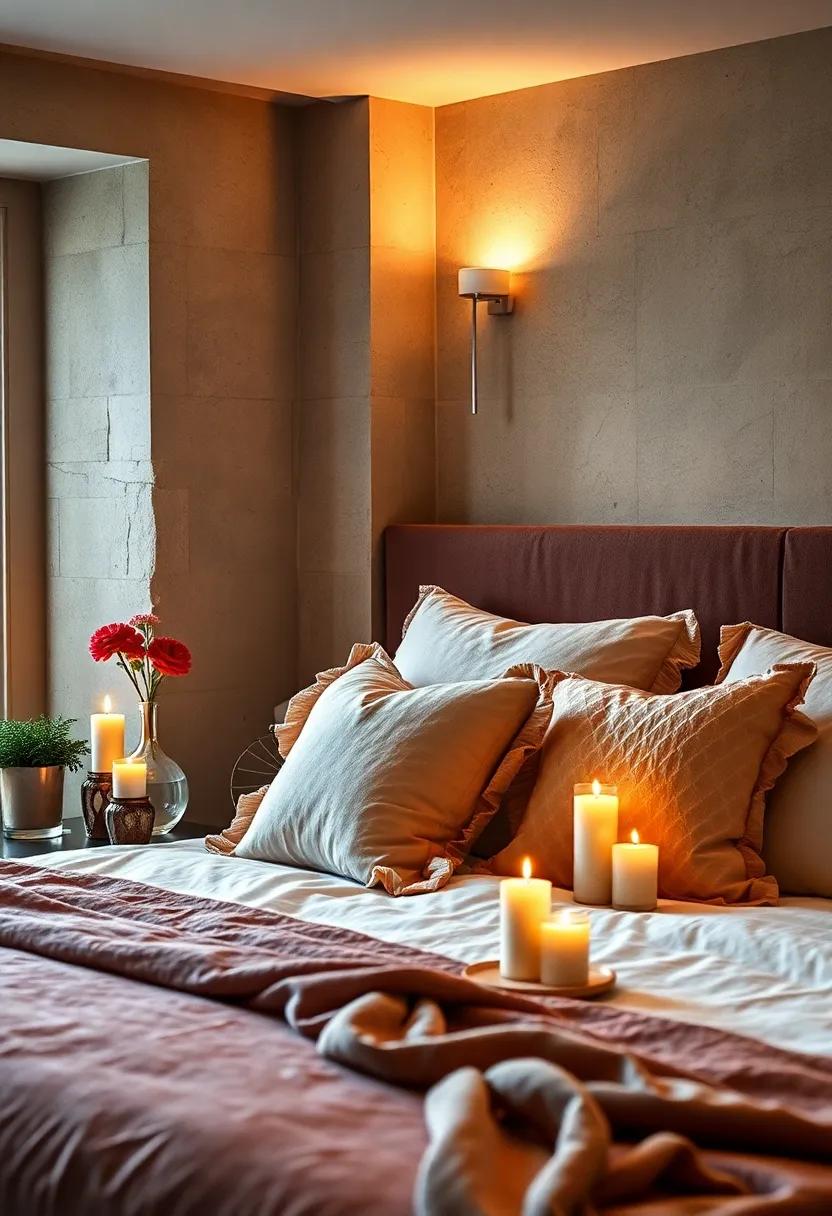 A Romantic Bedroom Corner Filled with Ruffled Silk Pillows and Soft Candlelight Glow for an Intimate Atmosphere