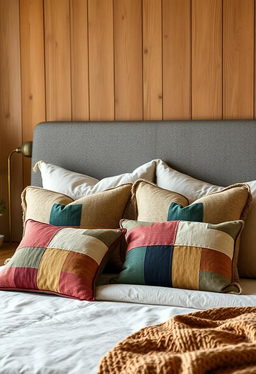 A Rustic Eclectic Bedroom Setting Featuring Earth-Tone Pillows with Patchwork Textures and Natural Wood Background