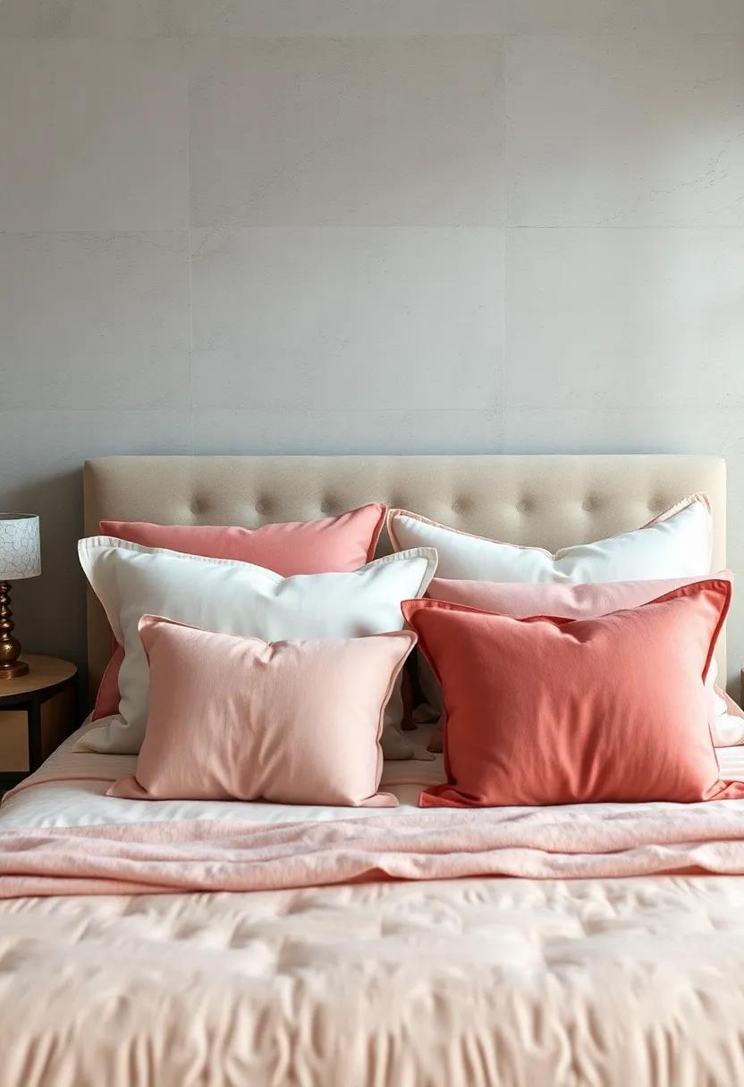 A Serene Bedroom Scene Showcasing Layered Pillows in Soft Pastel Hues and Delicate Textures