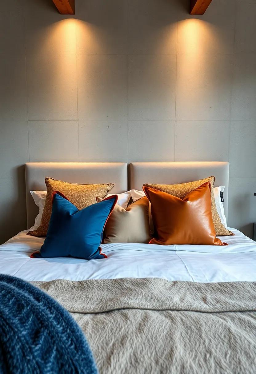 A Sophisticated Bedroom Space Beautifully Balanced with Leather Accent Pillows and Neutral Soft Furnishings