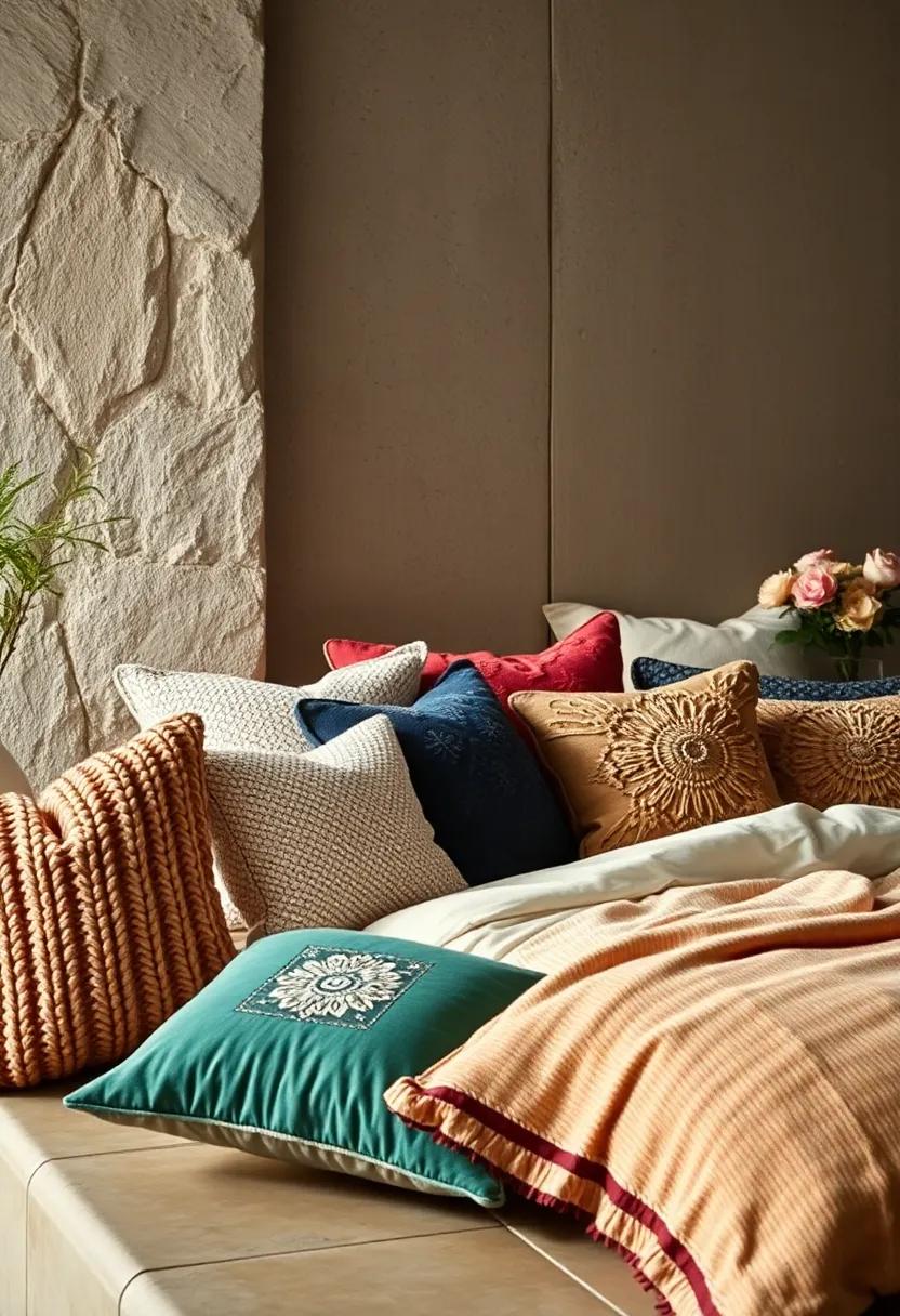 A Textural Masterpiece Bedroom Arrangement Showcasing Knitted, Quilted, and Embroidered Pillows in a Cozy Cluster