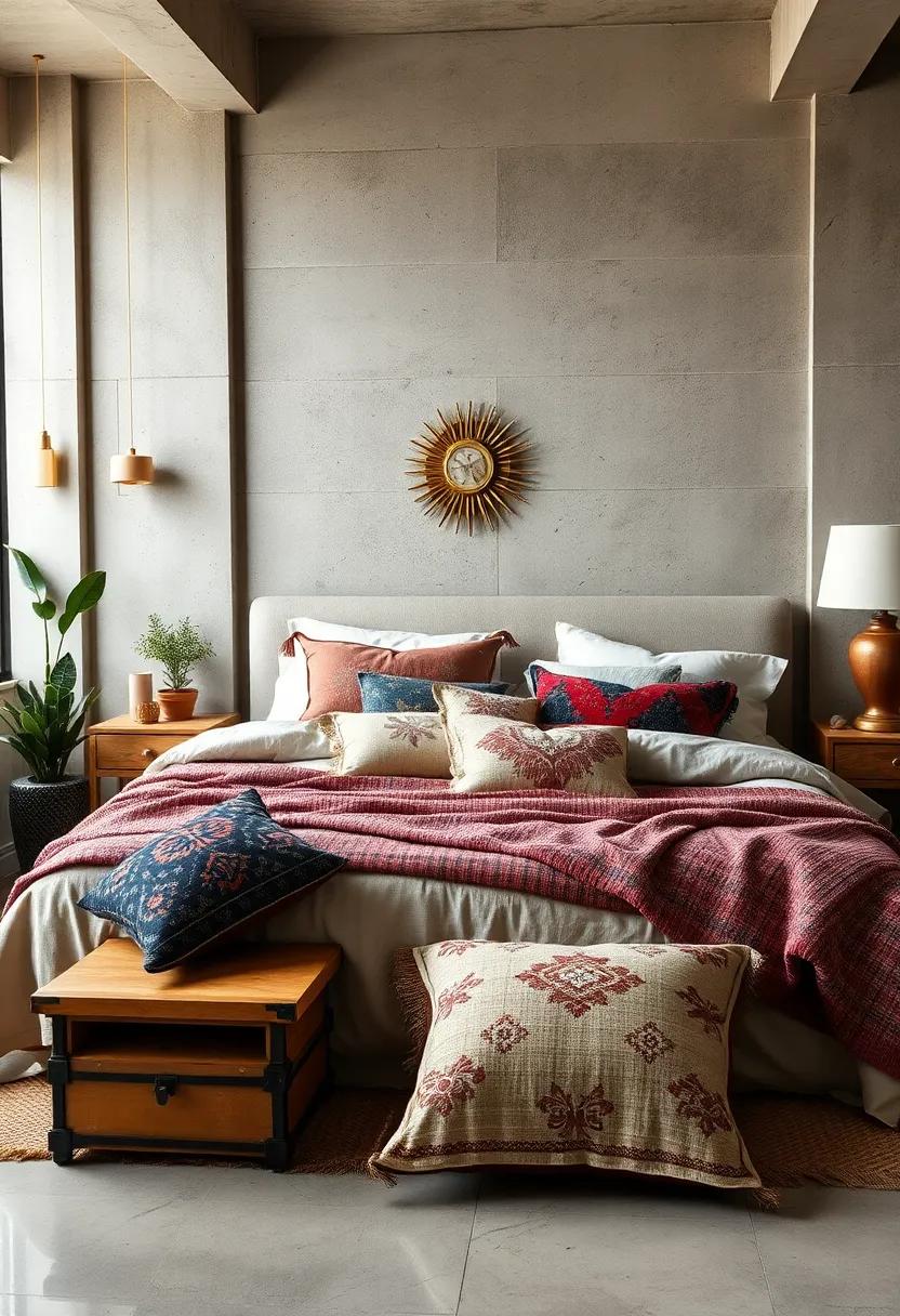 An Urban Eclectic Bedroom Display with Pillows Made from Mixed Media Fabrics and Industrial Decorative Pieces