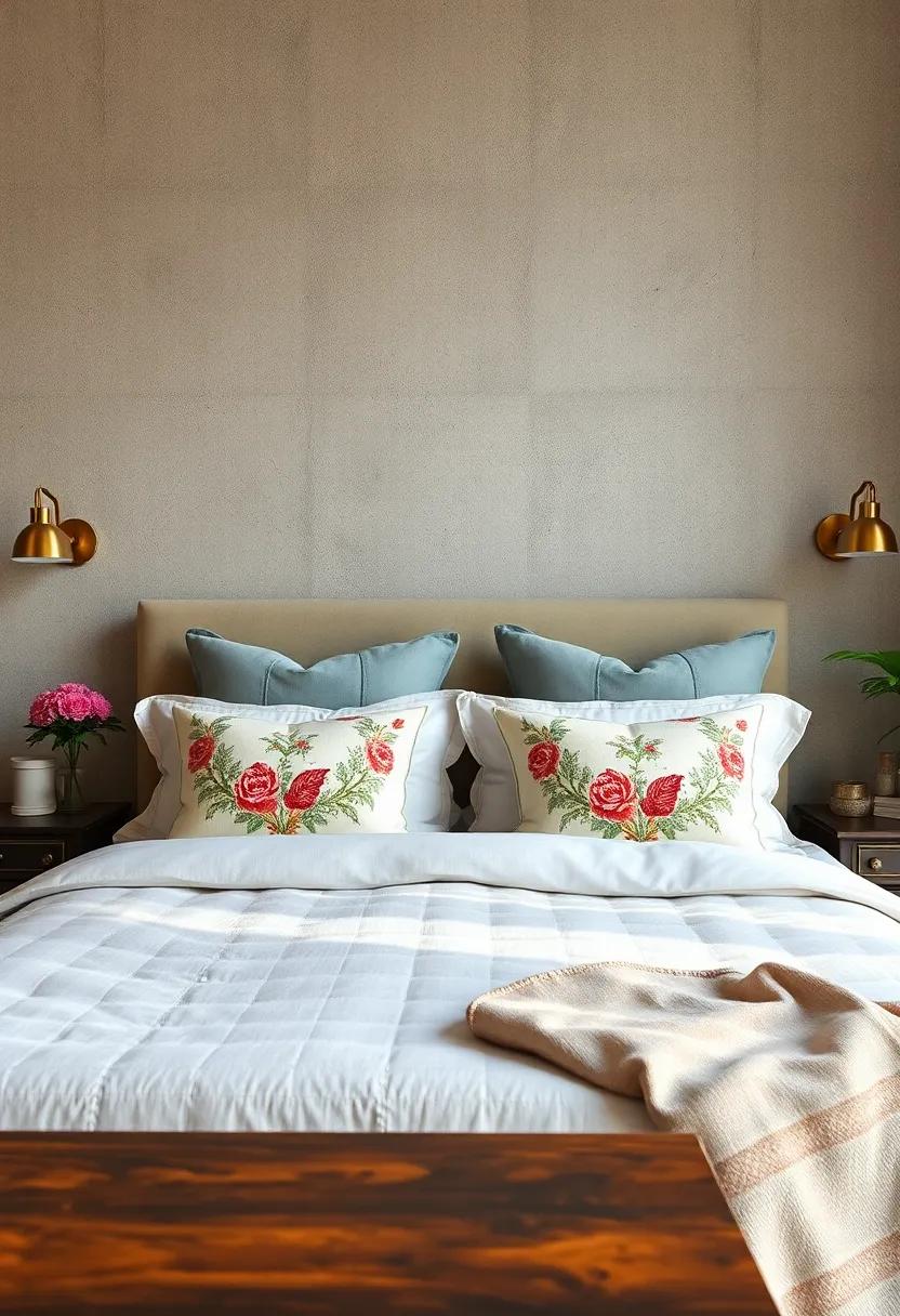A Vintage Inspired Bedroom Layout Showcasing Floral Embroidered Pillows and Antique Bronze Accents