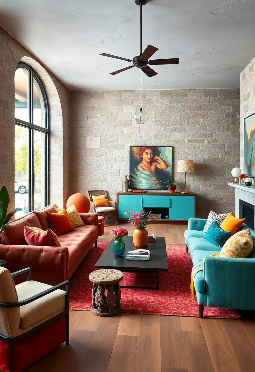 Juxtaposing Earthy Rust and Crisp Aqua in a Contemporary Eclectic Living Area
