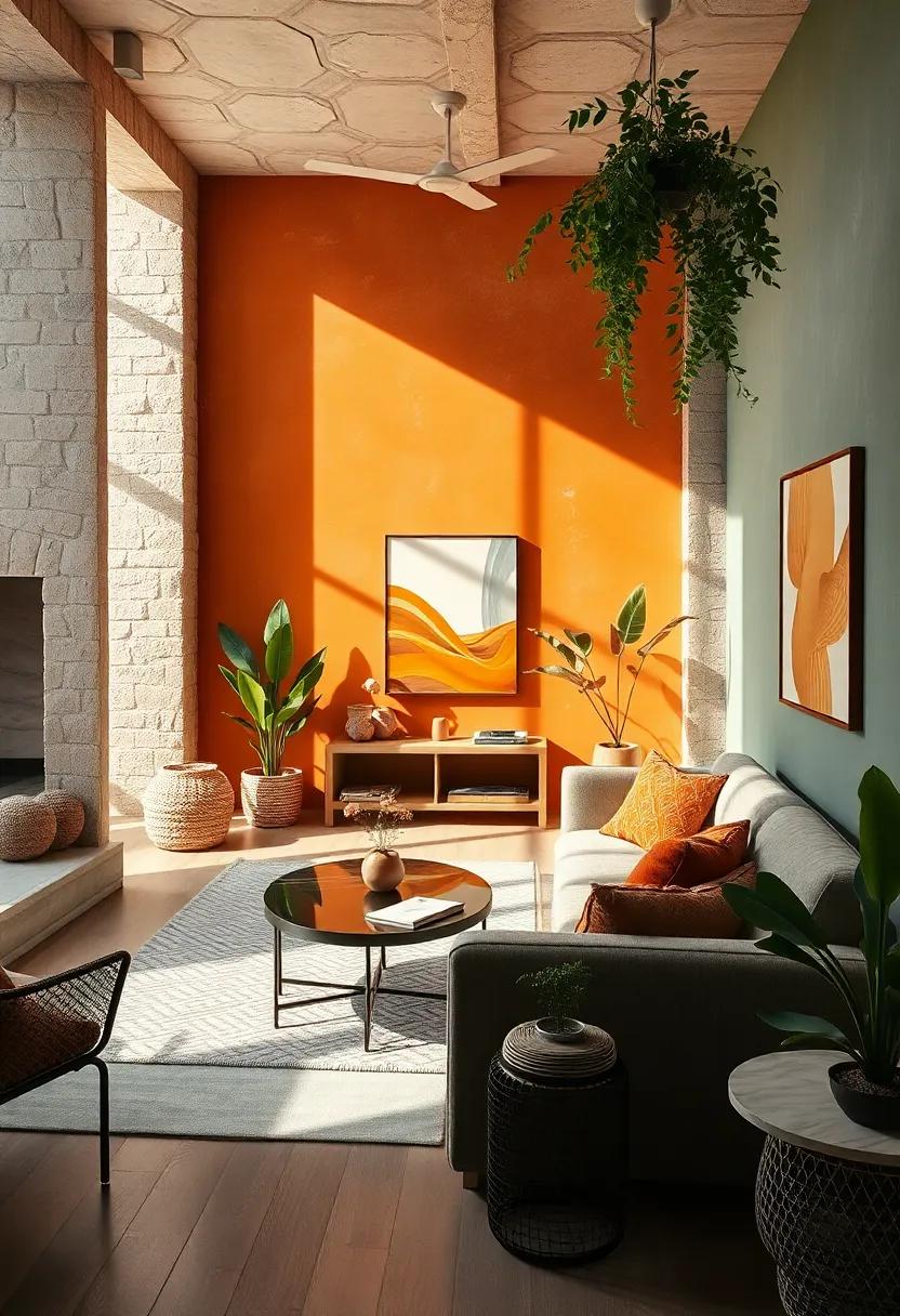 Sunlit Corners Highlighted by Bright Oranges and Muted Greens for a Harmonious Vibe