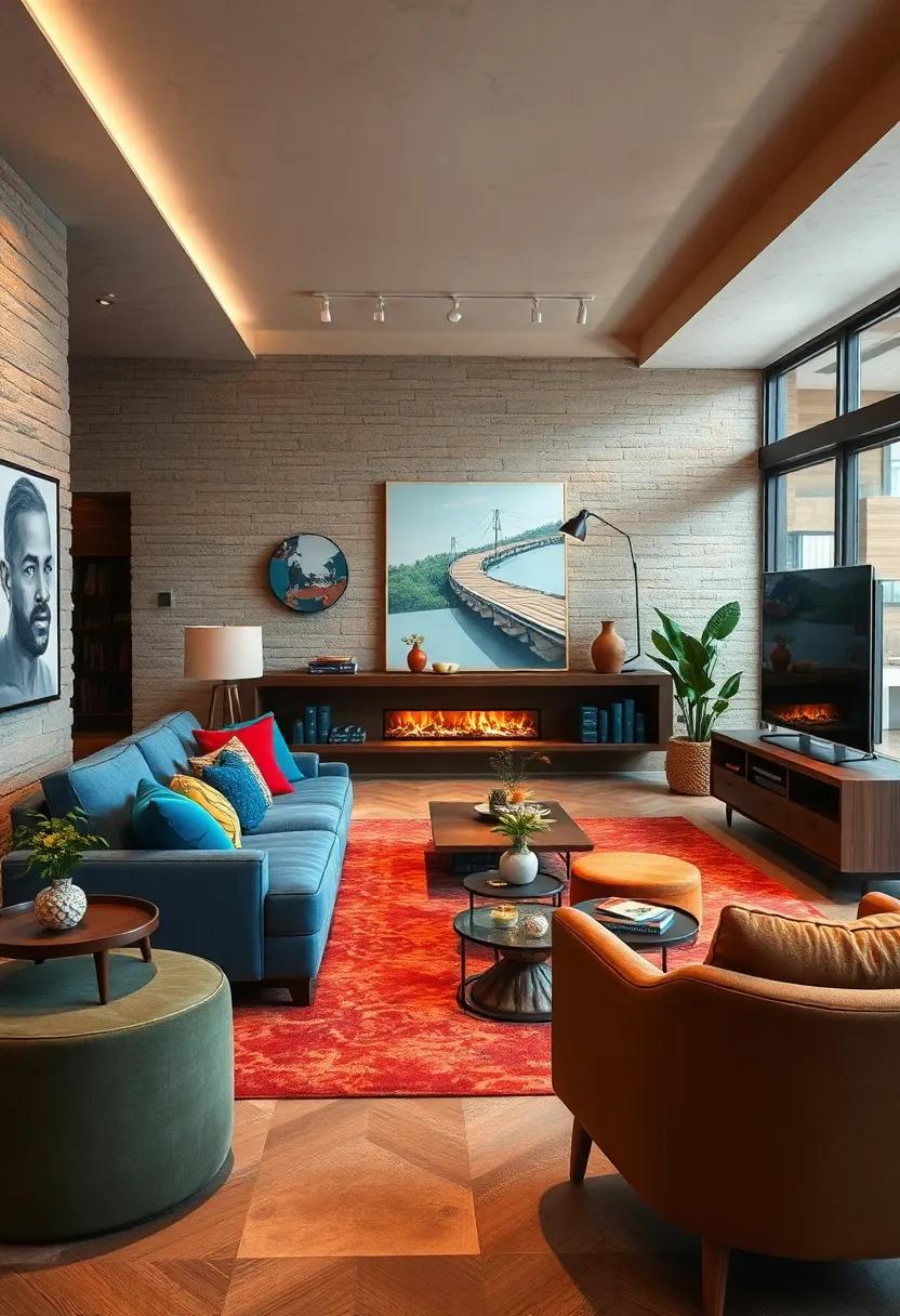 Rich Browns and Electric Blues Merging Under Warm Ambient Lighting for Inviting Comfort