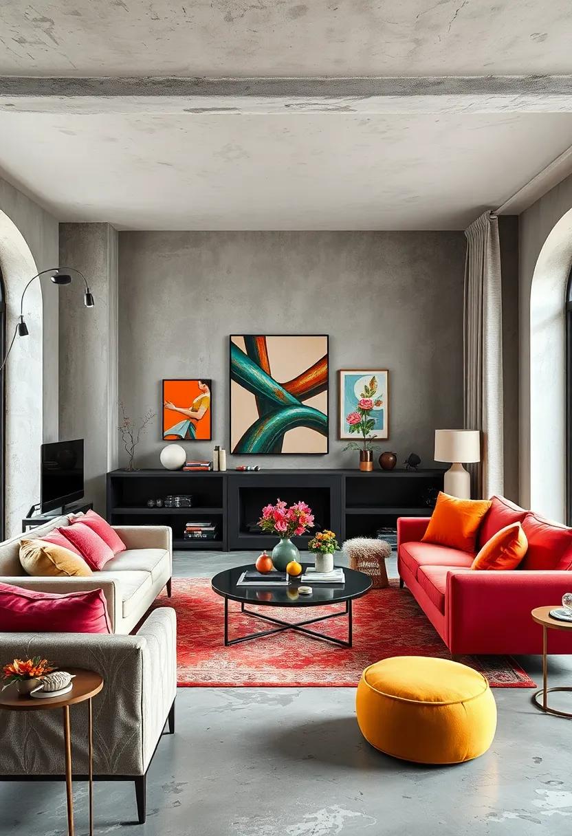 Electric Neons Subtly Balanced by Muted Greys and Creams in an Urban Eclectic Room