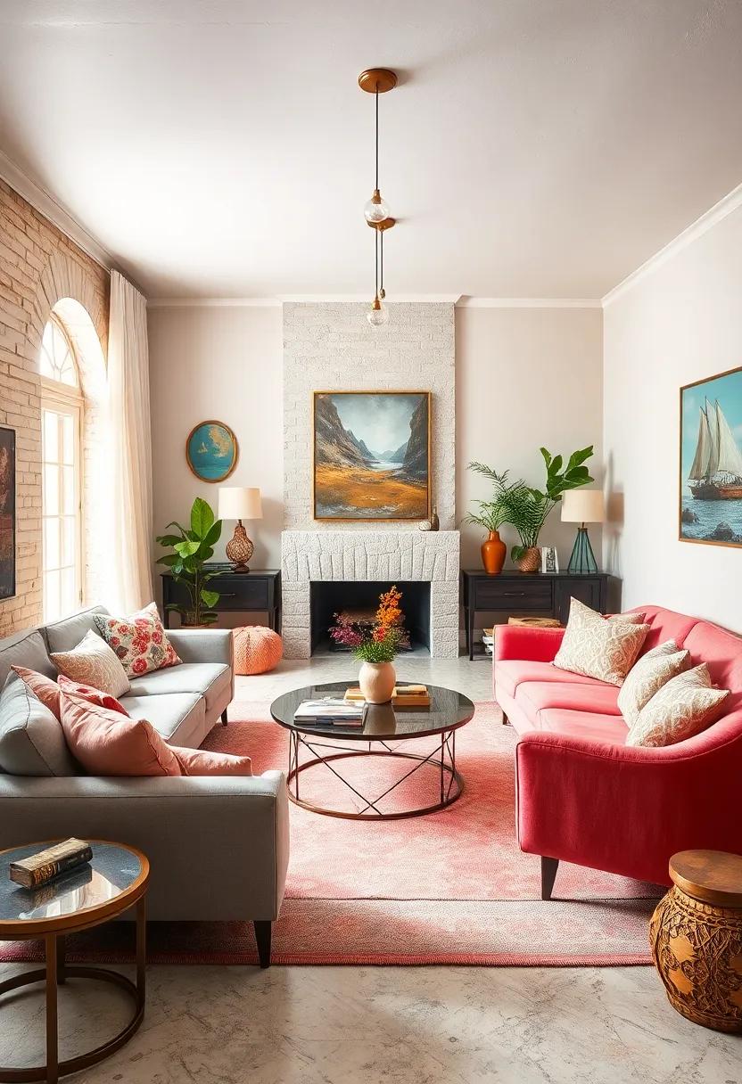 Creamy Whites and Vivid Coral Tones Intertwined Around Quirky Vintage Furniture