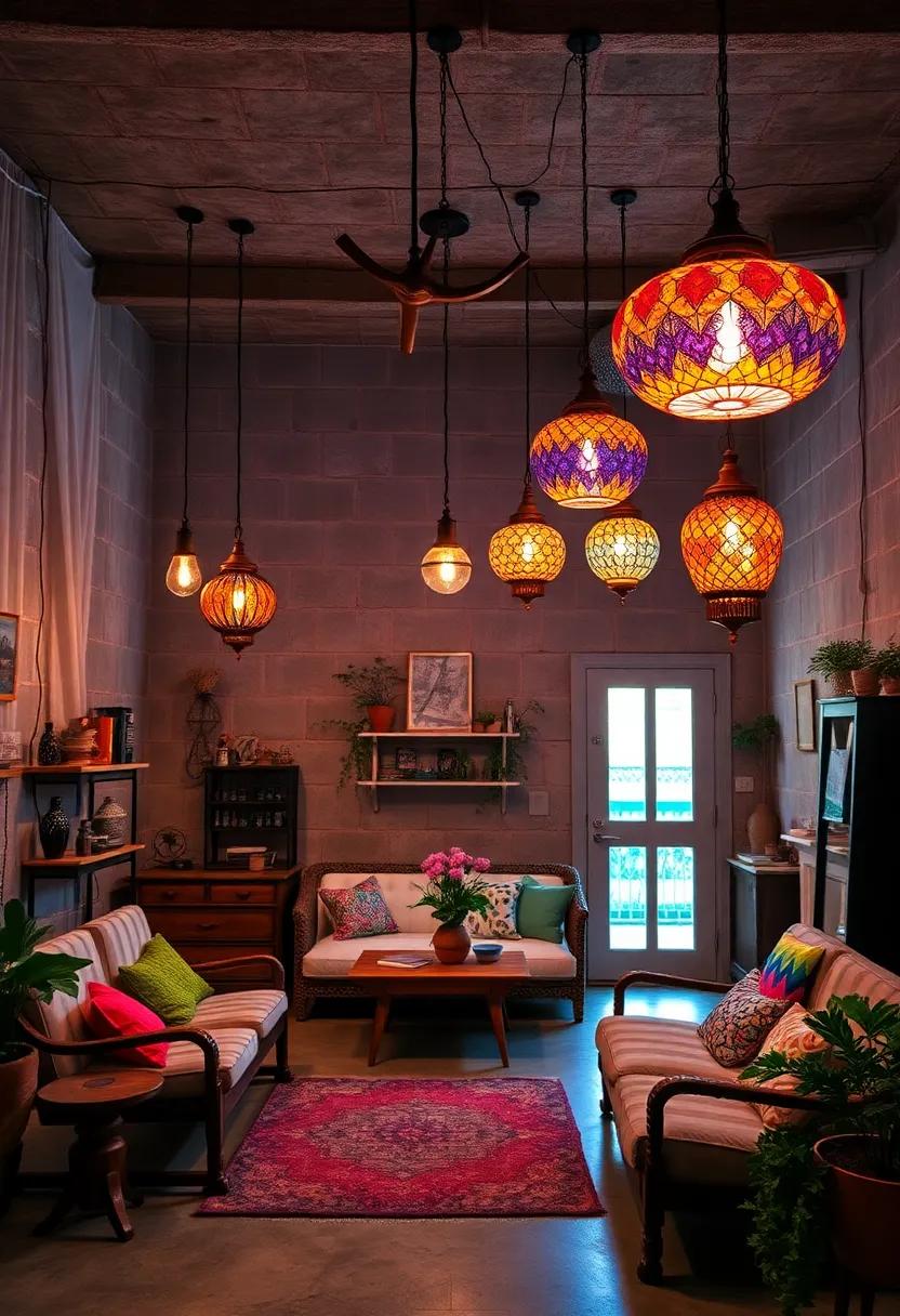 Artisan Workshops Showcasing Colorful Upcycled Glass Chandeliers Casting Kaleidoscopic Light Patterns on Industrious Walls