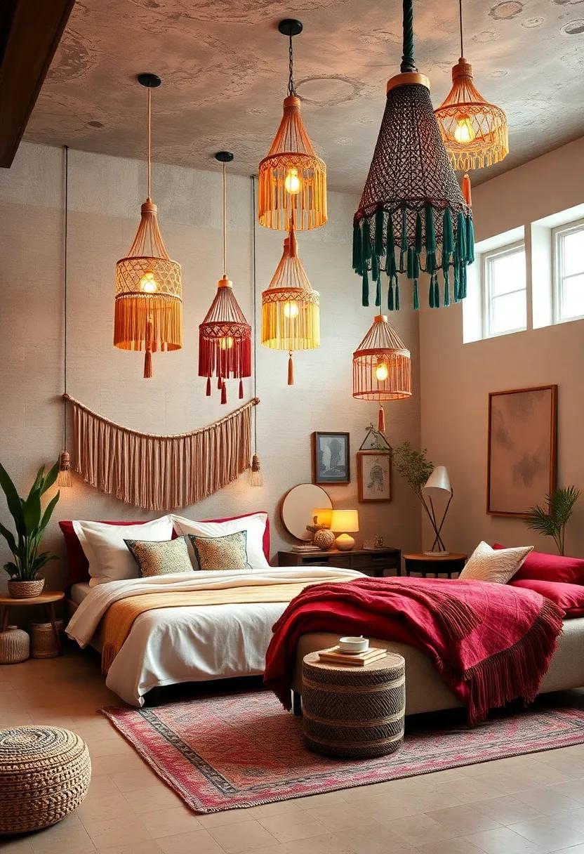 Boho-Chic Bedrooms with Handcrafted Macramé Chandeliers Adorned in Vibrant Hues and Textured Tassels Invoking Warmth