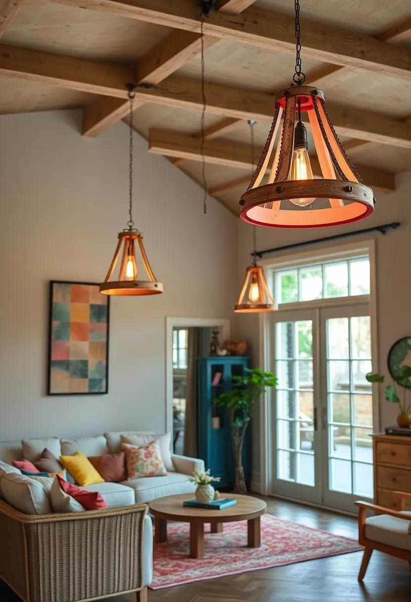 Classic Farmhouse Rooms Featuring Recycled Painted Wood Chandeliers with Soft Pastel Bulbs Fostering Rustic Charm