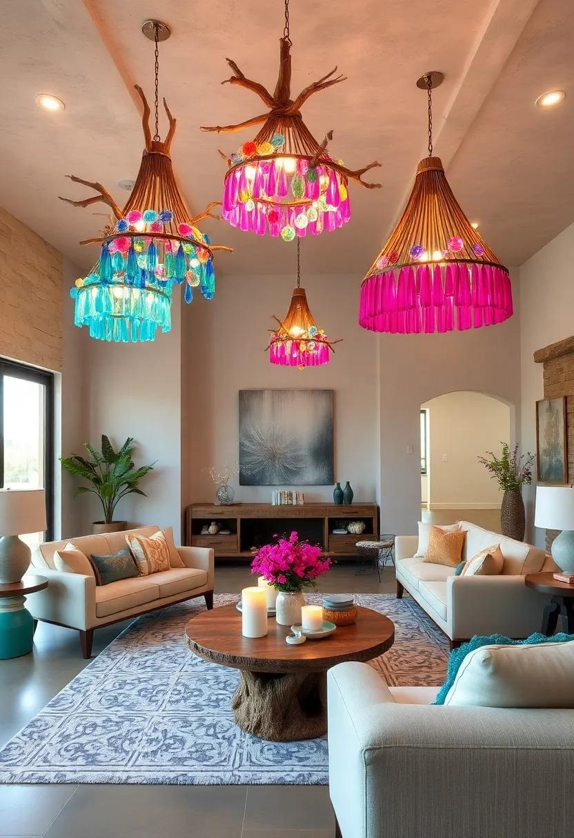 Coastal Inspired Eclectic Living Spaces with Driftwood Chandeliers Accented by Sea Glass and Turquoise Light Effects