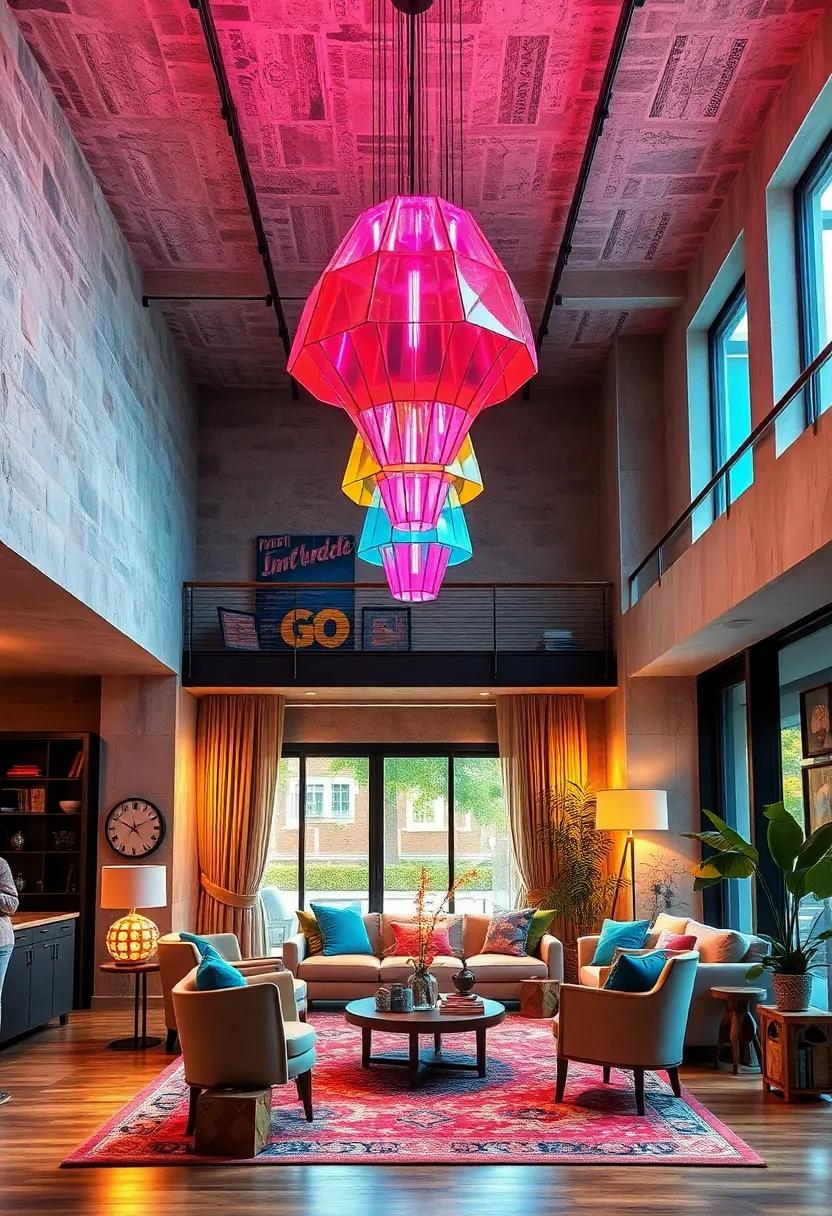 Contemporary Loft Interiors Highlighting Futuristic LED Chandeliers with Neon Glow and Angular Shapes for Urban Vibes