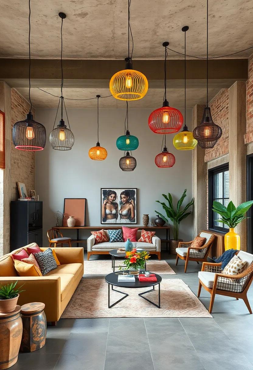 Creative Studio Lofts Accentuated by Colorful Artistic Chandeliers Showcasing Mixed Materials and Unconventional Forms