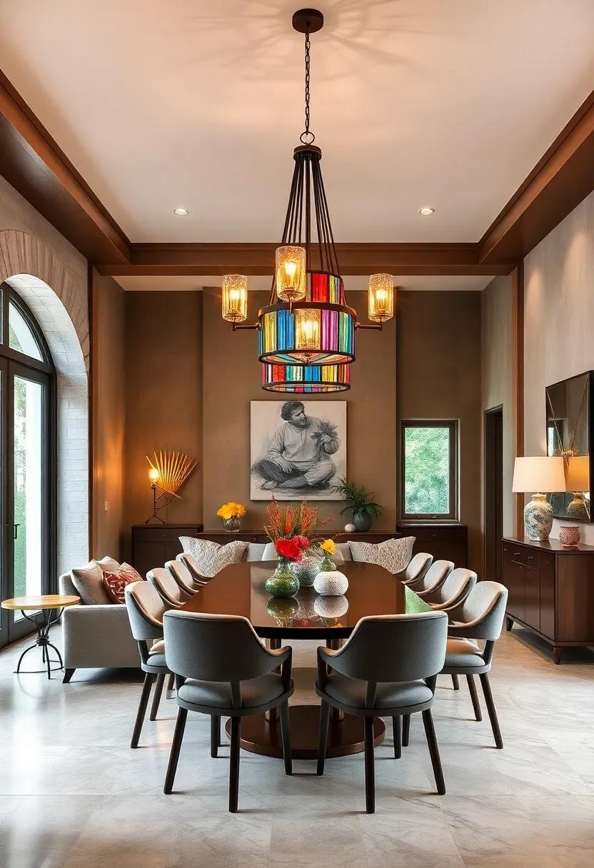 Elegant Dining Areas Showcasing Art Deco Inspired Chandeliers with Bold Lines and Colorful Glass Accents for Drama