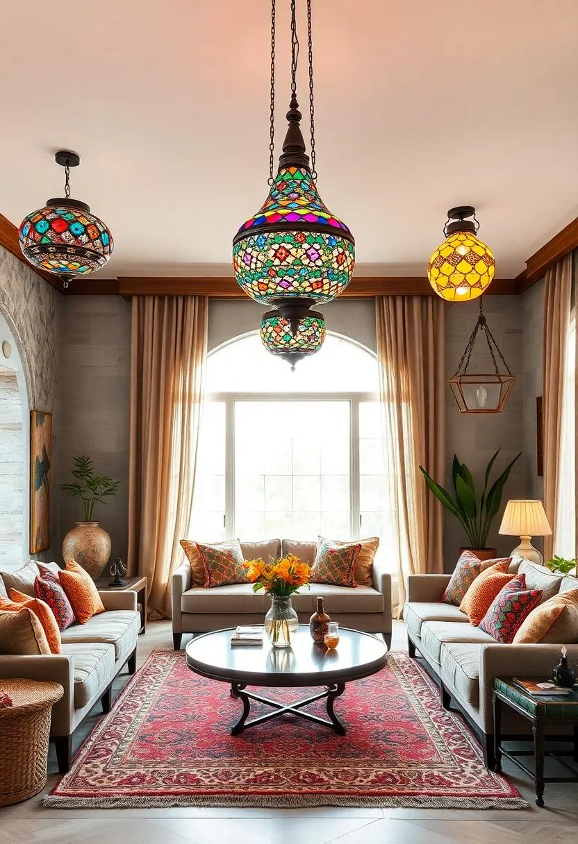 Global Fusion Sitting Rooms Radiating Warmth with Moroccan Style Chandeliers Featuring Mosaic Glass and Metal Craft