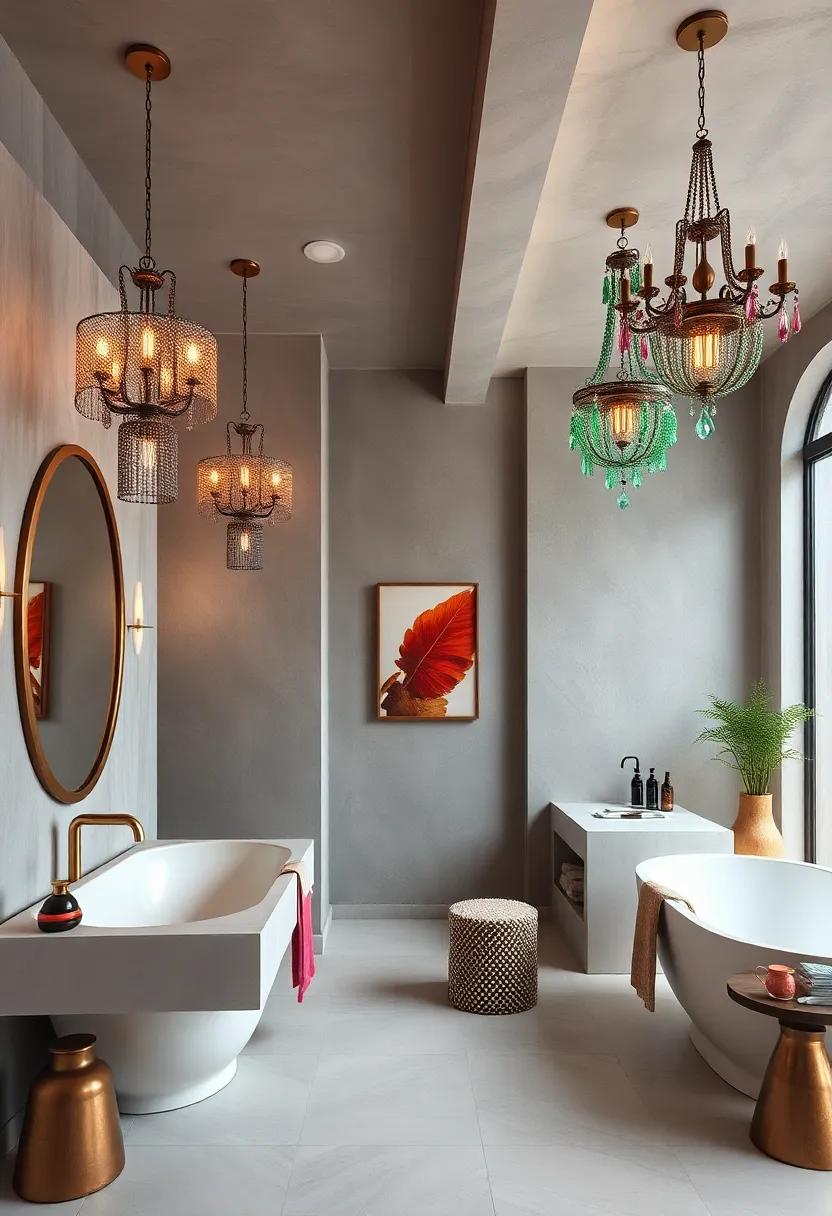 Luxe Eclectic Bathrooms with Statement Chandeliers Adorned by Gemstone Tones and Reflective Chrome Surfaces