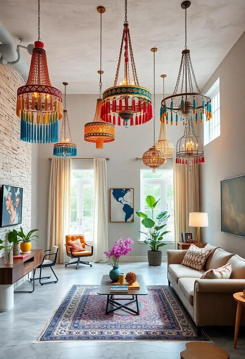 Maximalist Home Offices Ornamented by Eclectic Chandeliers with Bold Patterns, Bright Beads, and Mixed Metals