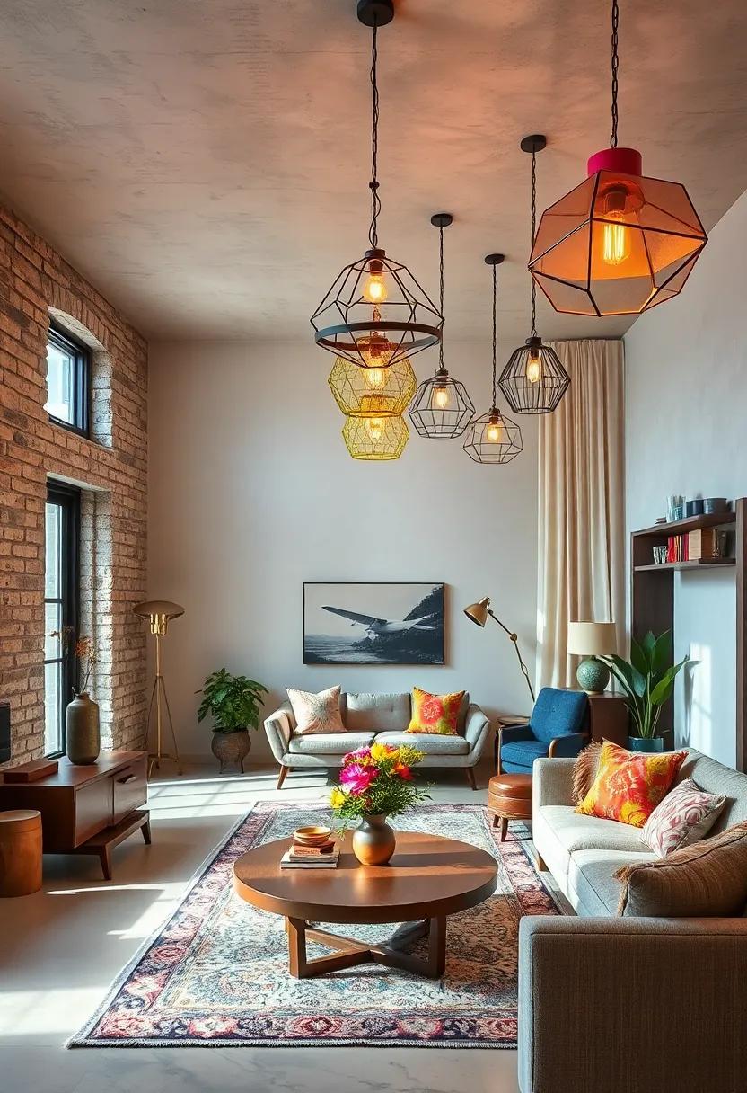 Mid Century Modern Homes Enhanced by Sleek Geometric Chandeliers Casting Dynamic Shadows on Minimalist Décor