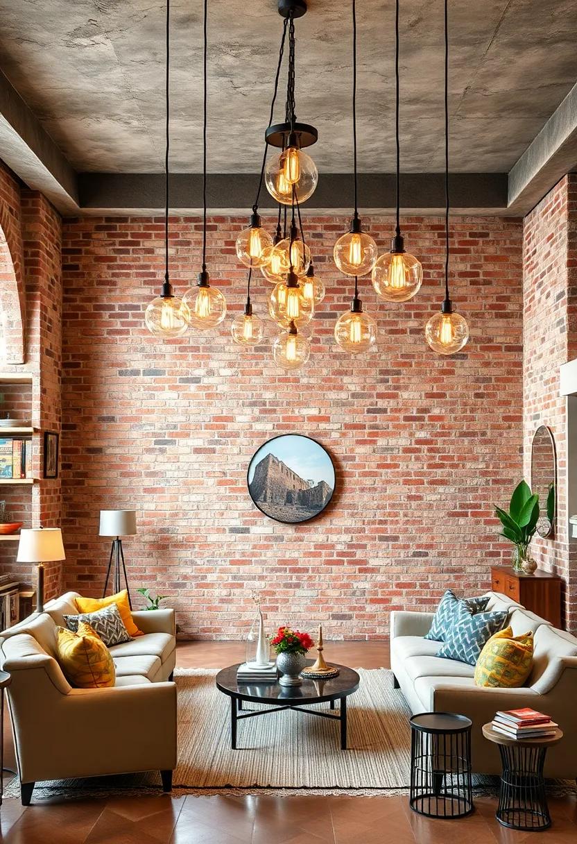 Rustic Eclectic Living Rooms Featuring Industrial Style Chandeliers with Warm Bulbs Against Exposed Brick Textures