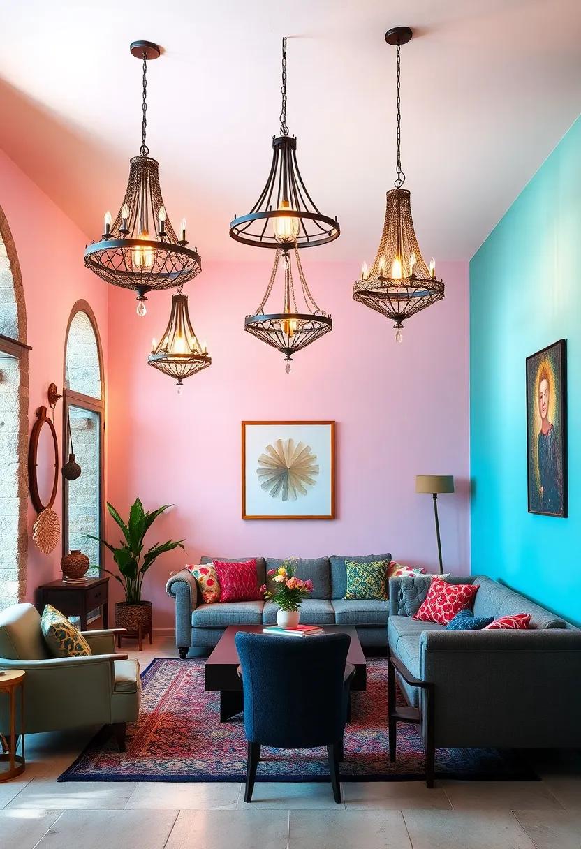 Soft Pastel Walls Complementing Bold, Vintage Chandeliers with Intricate Metalwork Fixtures for a Unique Ambiance